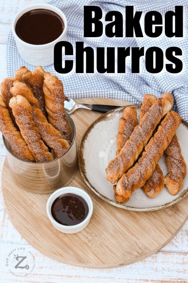 Baked Churros in a dish and on a plate with chocolate sauce and a title