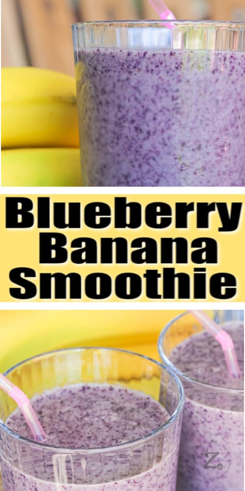 Blueberry Banana Smoothie in glasses with straws and bananas with a title