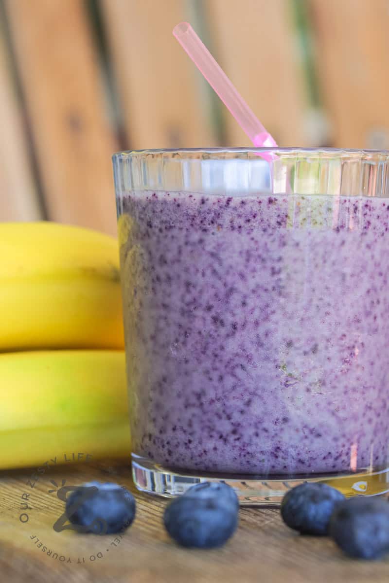 Blueberry Banana Smoothie with blueberries and bananas on a wooden board