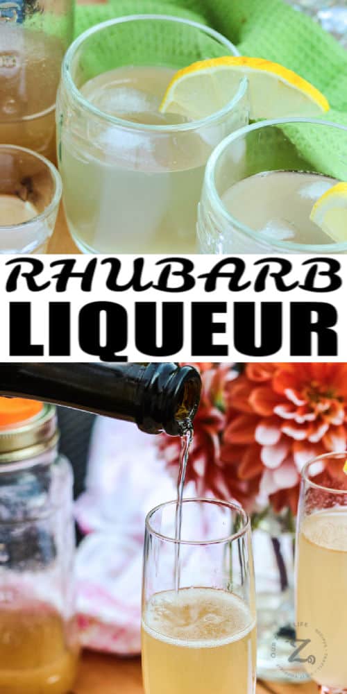 Rhubarb Liqueur in a glass and flute with a title