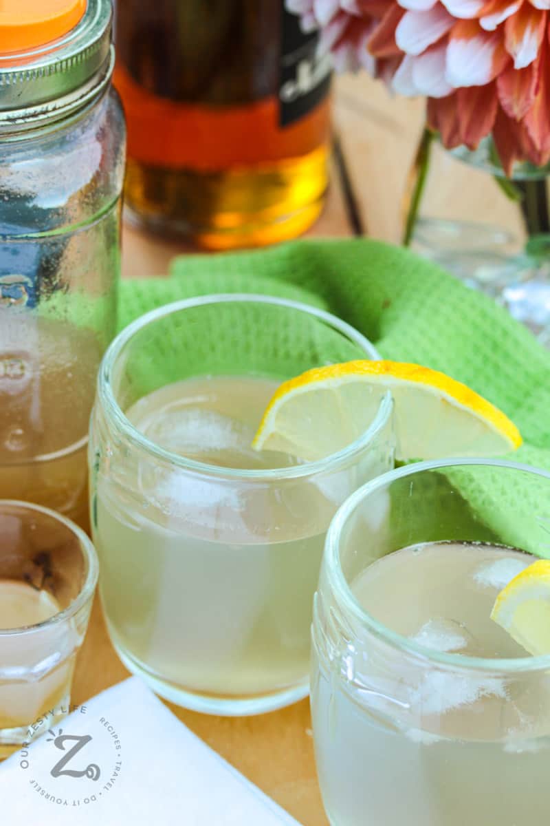 Rhubarb Liqueur in a glass with lemon