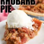 slice of Ginger Rhubarb Pie on a plate with writing