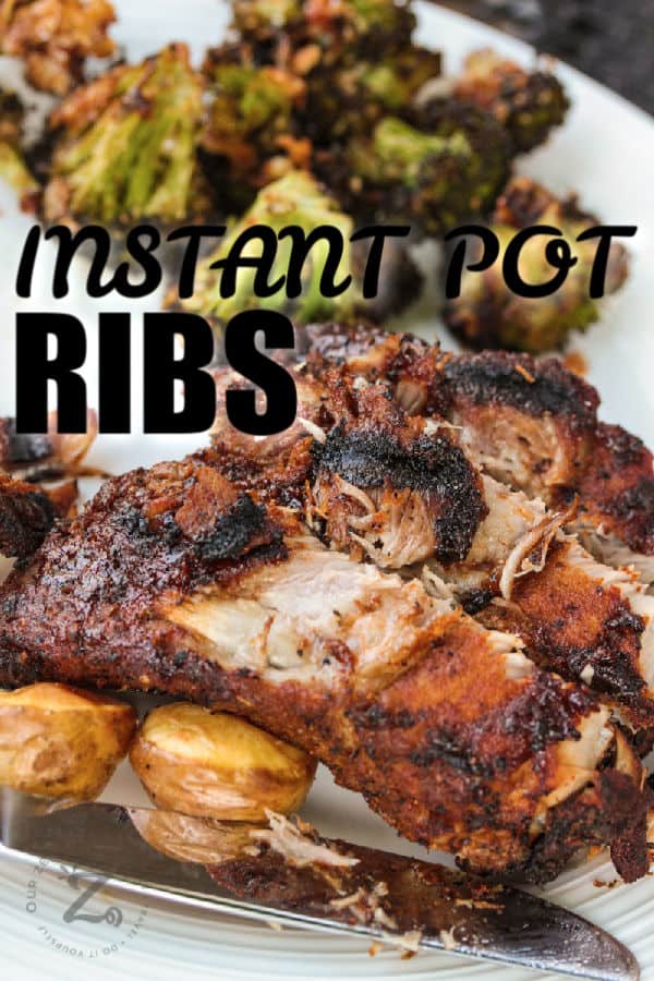 Instant Pot Ribs on a plate with broccoli and potatoes