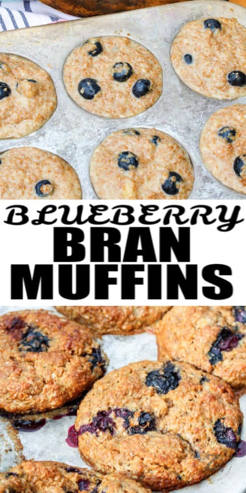 Blueberry bran muffins before and after baking with a title