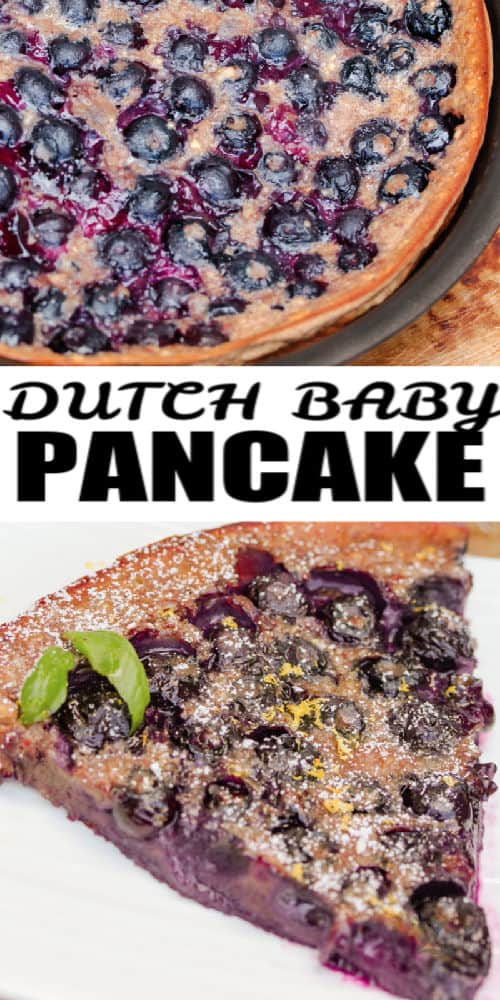 close up of Dutch Baby Pancake slice with writing and an image of the full pancake in dish