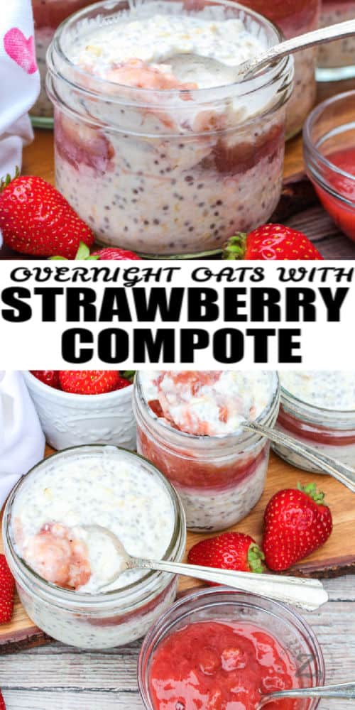 close up of Overnight Oats with Strawberry Rhubarb Compote with ingredients and title