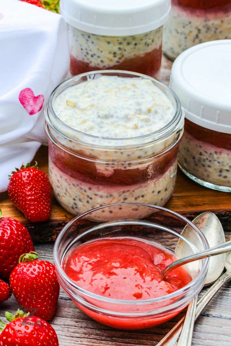 Overnight Oats with Strawberry Rhubarb Compote in jars