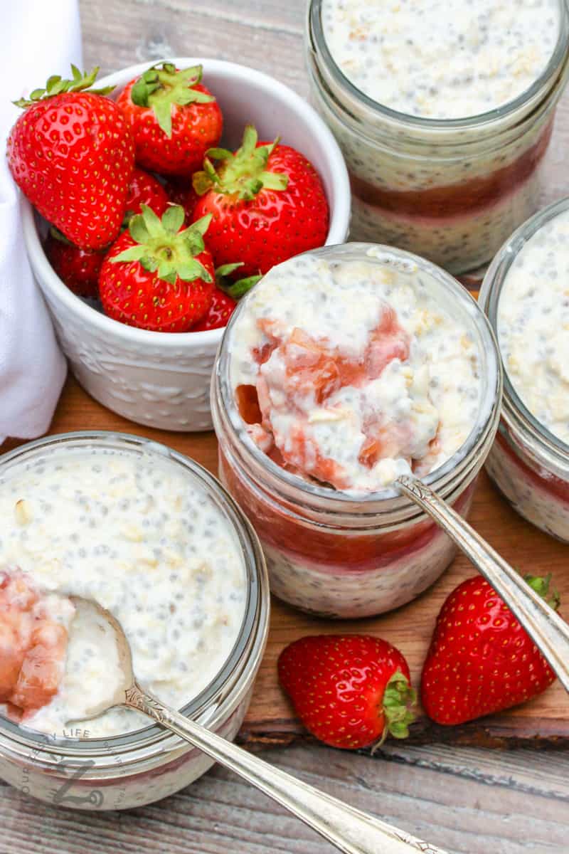 top view of Overnight Oats with Strawberry Rhubarb Compote in jars