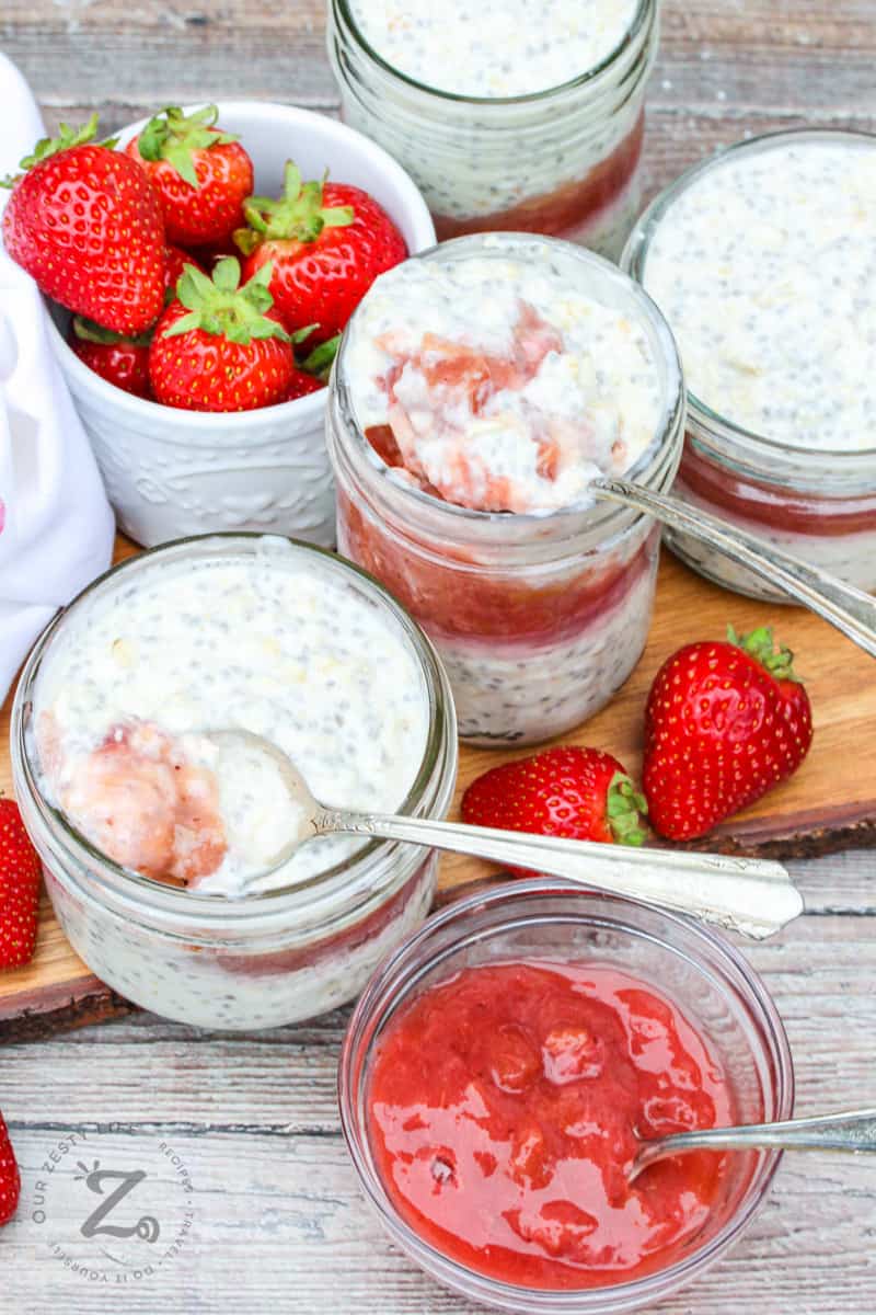 jars of Overnight Oats with Strawberry Rhubarb Compote