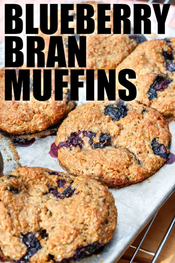 close up of baked Blueberry bran muffins with writing