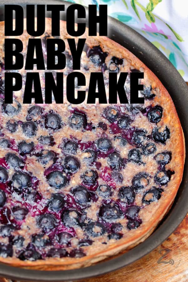 Dutch Baby Pancake in baking dish with writing