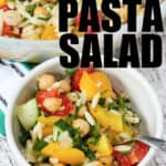 Orzo Pasta Salad in a bowl with a spoon and title