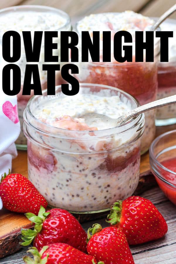 Overnight Oats with Strawberry Rhubarb Compote with writing