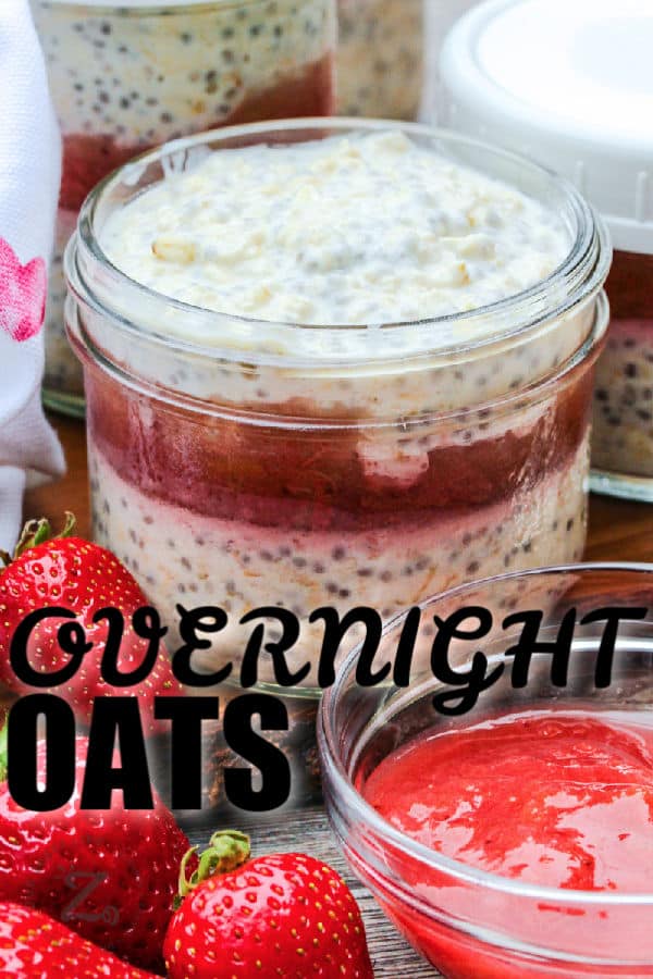 close up of Overnight Oats with Strawberry Rhubarb Compote with writing
