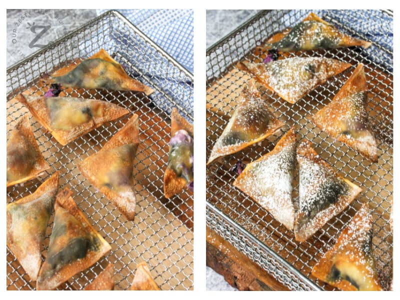 Air Fryer Blueberry Wontons on a rack, one with powdered sugar on top and one without