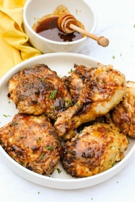 Air Fryer Buttermilk Fried Chicken in a bowl with sauce