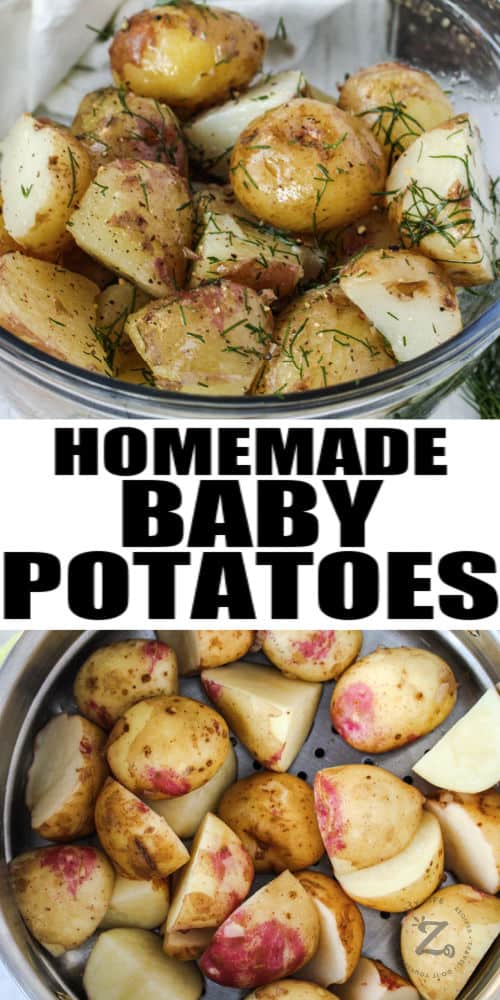 Baby Potatoes before and after cooking with writing