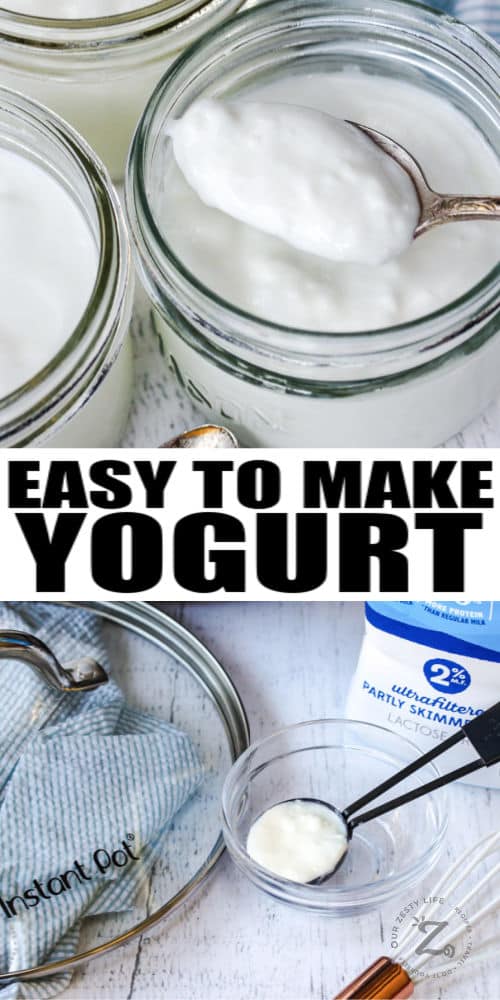 ingredients and finished Instant Pot Yogurt in a container with writing
