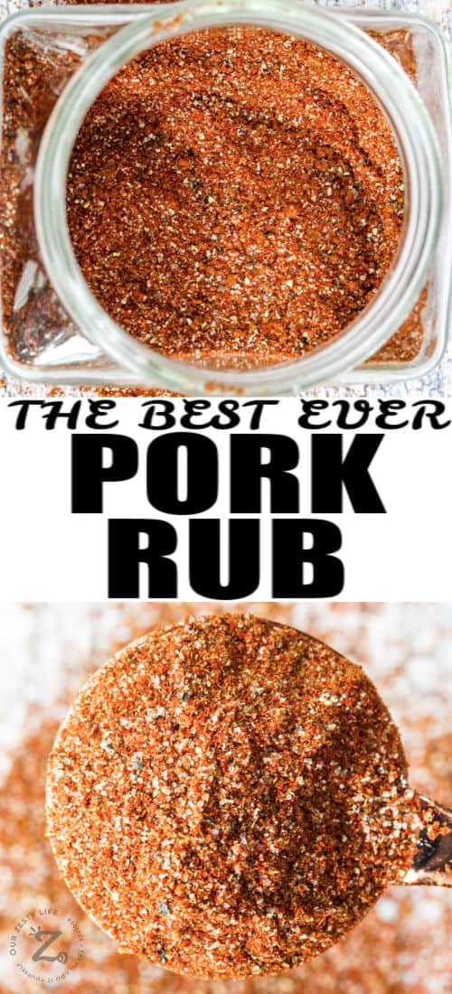 Pork Rub in a jar and spoon with writing