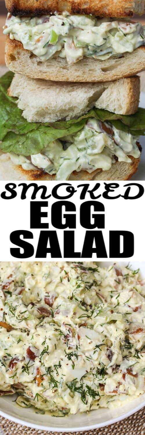 Smoked Egg Salad in a bowl and with a title and a sandwich on a plate