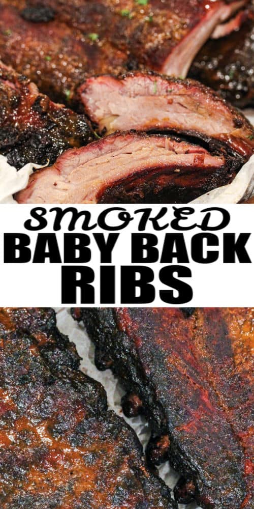 Smoked Baby Back Ribs before and after cutting with a title