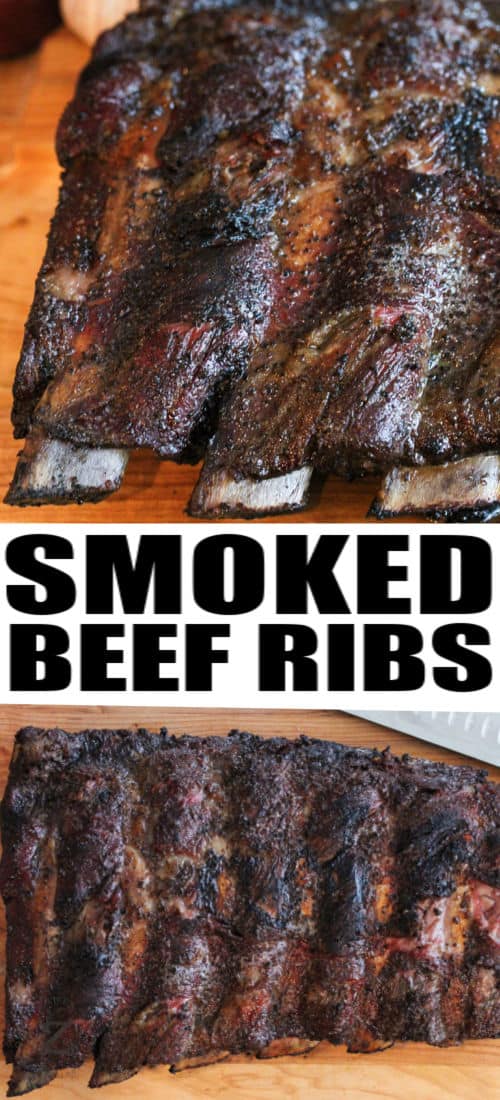 close up of Smoked Rack of Lamb with a title and a full rack of ribs