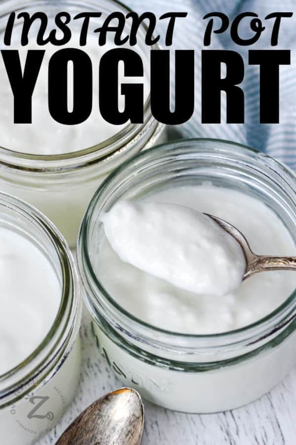 spoonful of Instant Pot Yogurt with a title