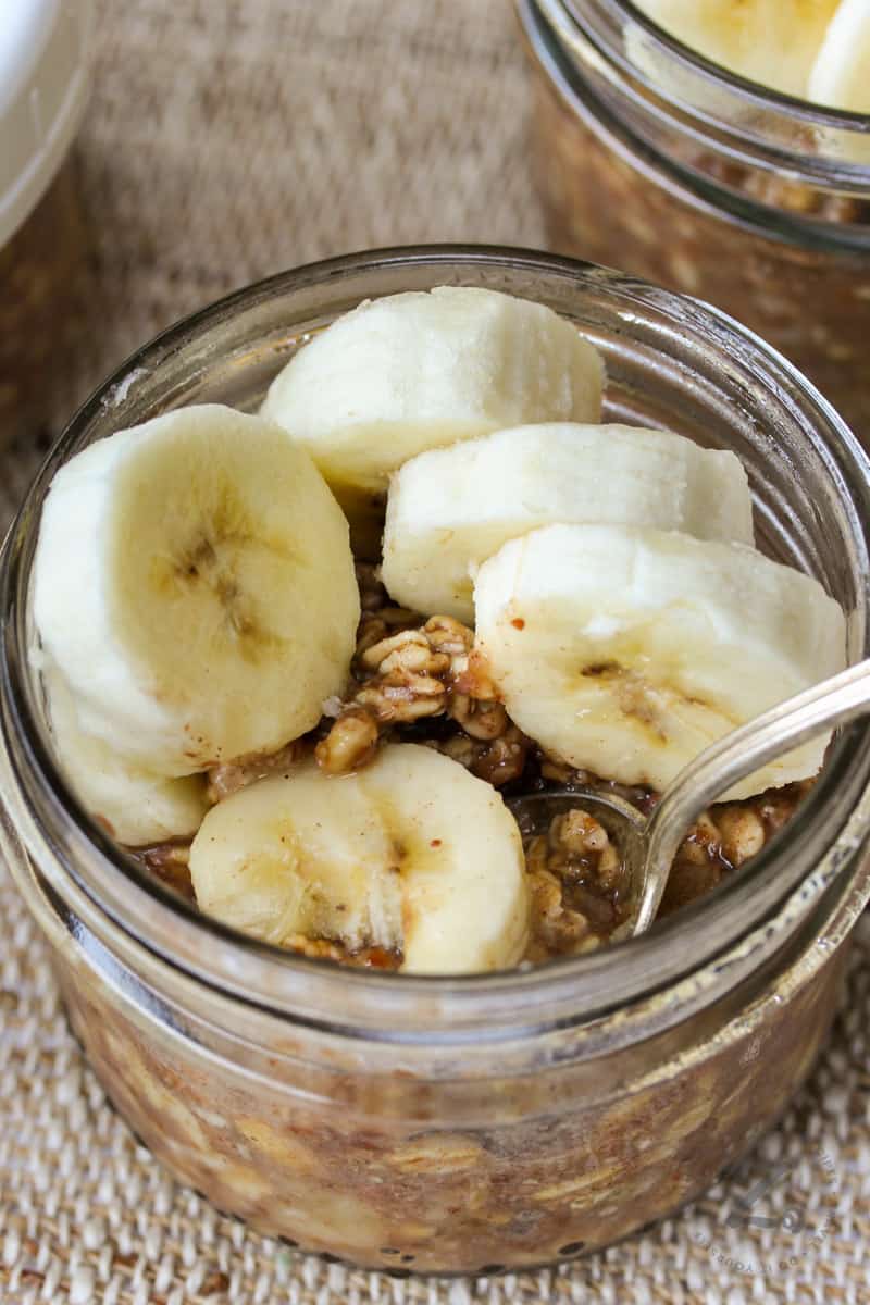 close up of Banana Overnight Oats Recipe in a jar