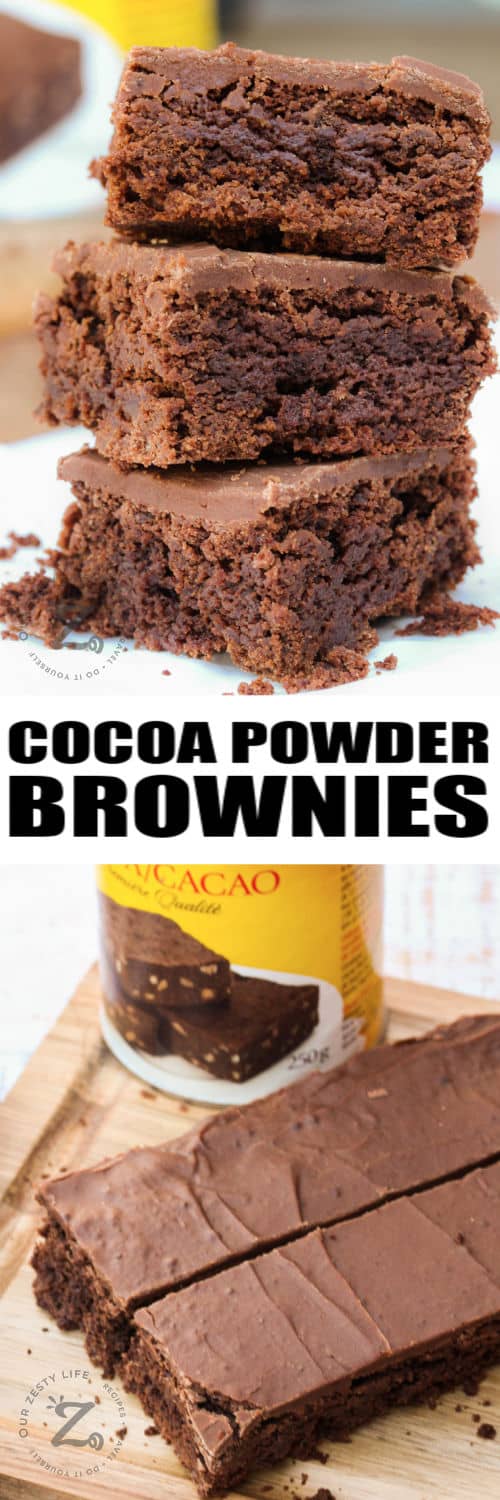 Cocoa Powder Brownies before and after cutting into pieces with writing