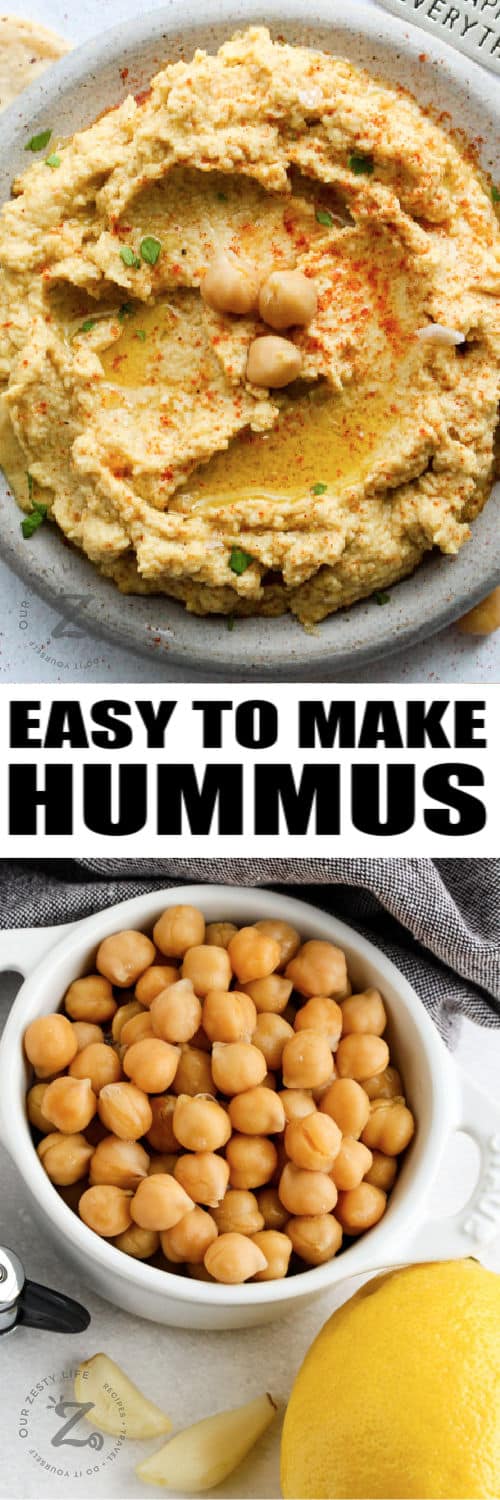 ingredients to make Hummus with finished hummus on a platter and a title