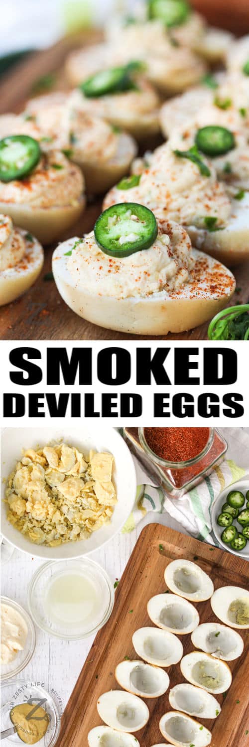 ingredients to make Smoked Deviled Eggs with finished eggs and a title