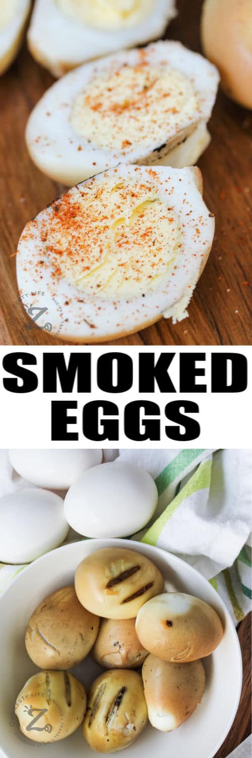 Smoked Eggs in a bowl and cut open with paprika and a title