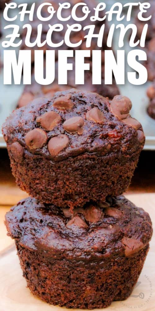 close up of Chocolate Zucchini Muffins with writing