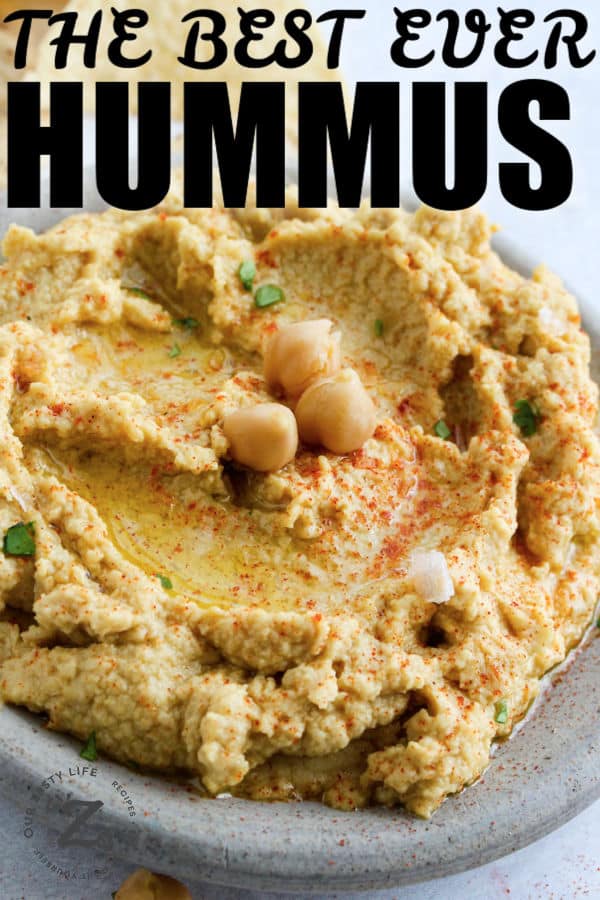 close up of Hummus with a title