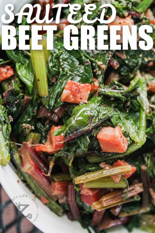 close up of Sauteed Beet Greens with writing