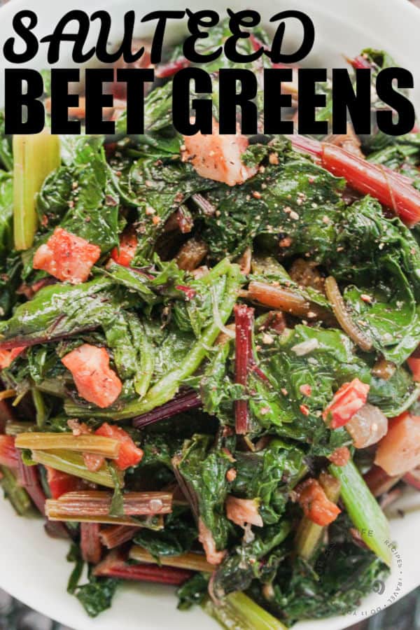 Sauteed Beet Greens on a plate with writing