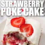 taking a bite out of Strawberry Poke Cake with a title