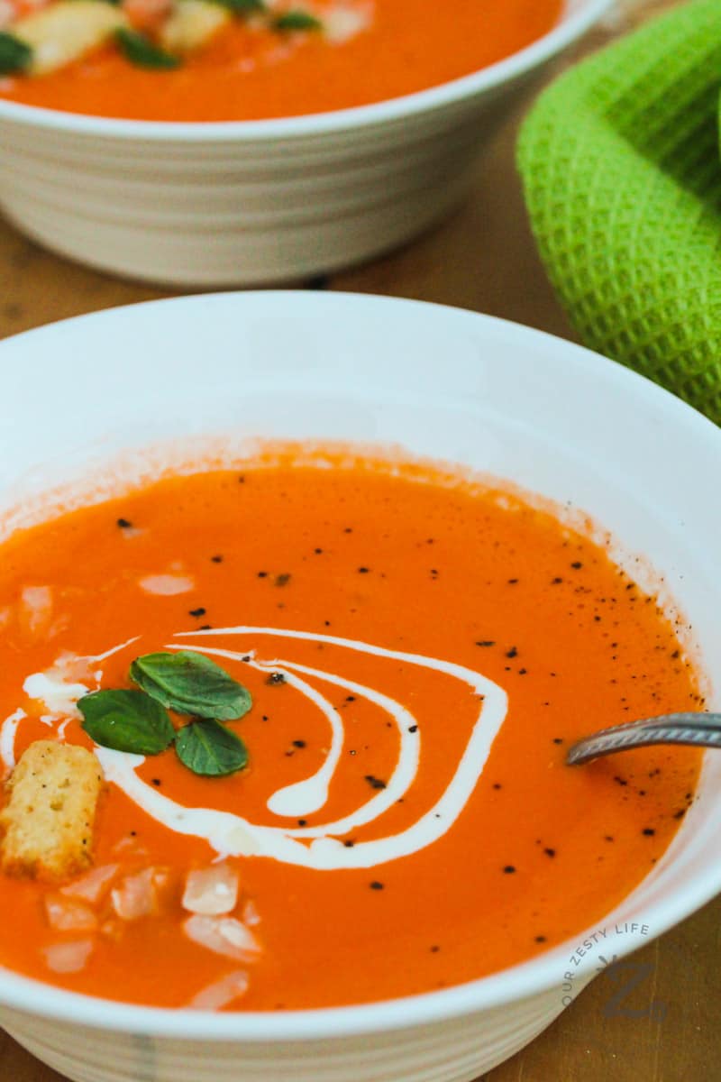 Creamy Tomato Soup with a green napkin