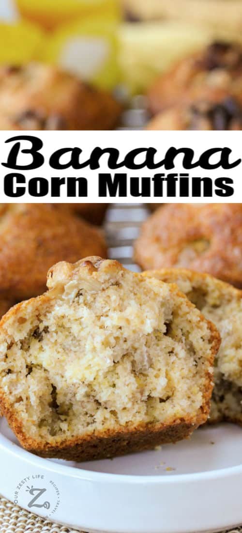 close up of Banana Corn Muffins with a title