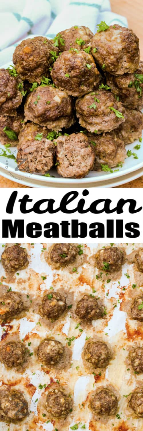 Italian Meatballs on the baking sheet and plated with a title