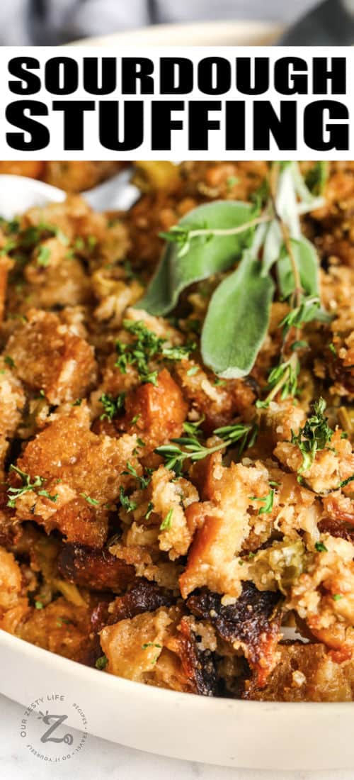 close up of Sourdough Stuffing with a title