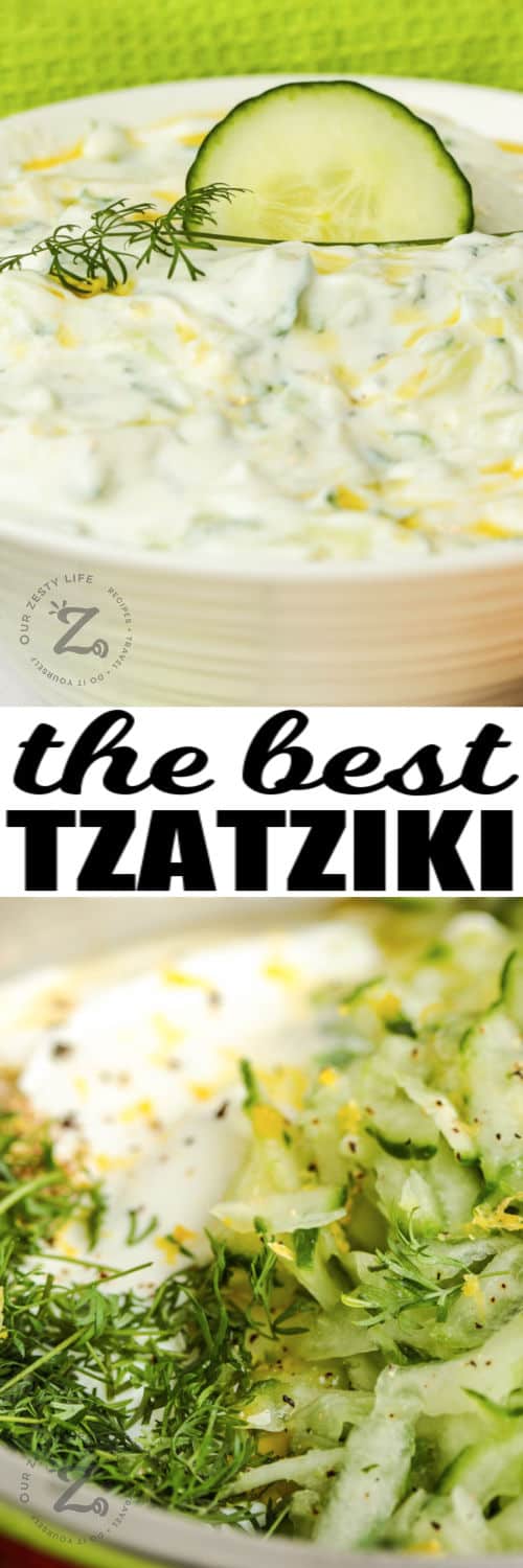 ingredients to make Tzatziki with finished dish and a title