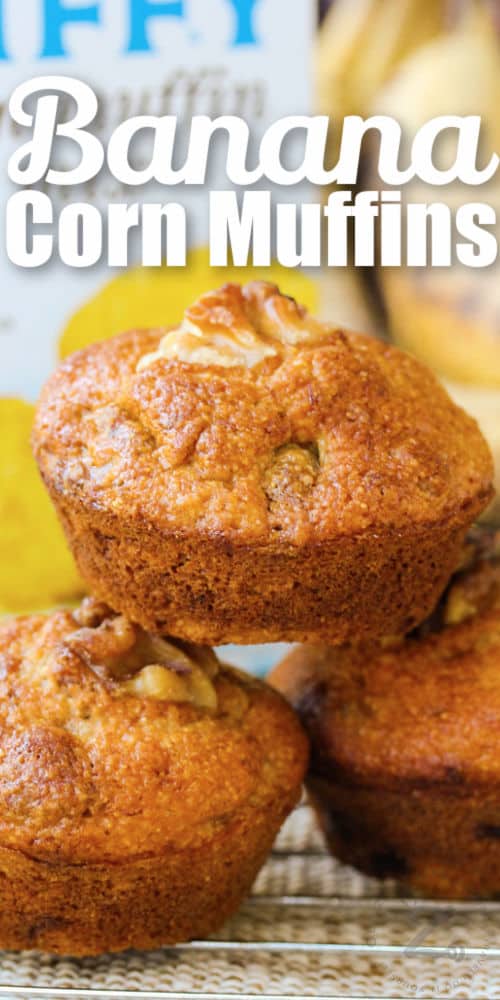 pile of Banana Corn Muffins with a title