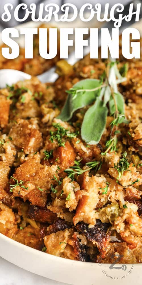 Sourdough Stuffing in a dish with a title