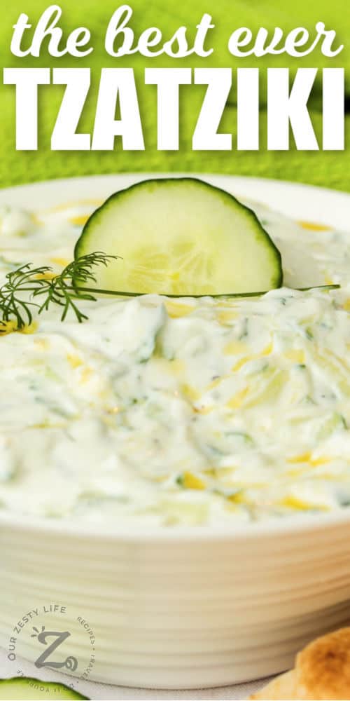 Tzatziki in a bowl with a title