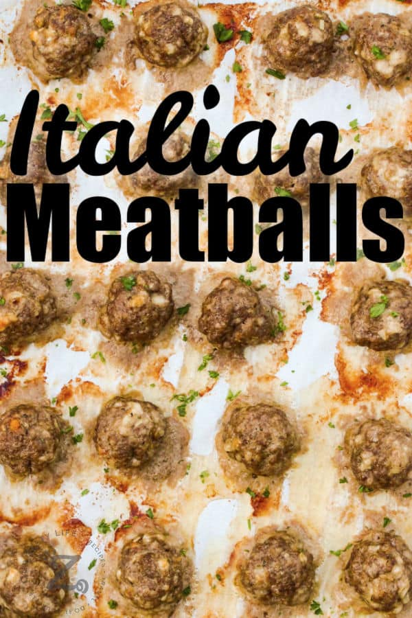 cooked Italian Meatballs with writing