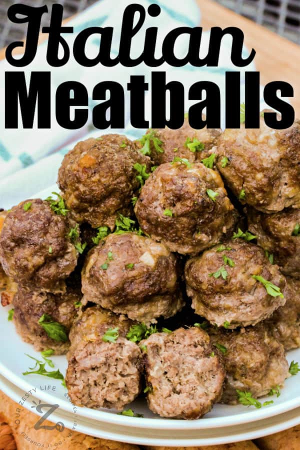 pile of Italian Meatballs on a plate with writing