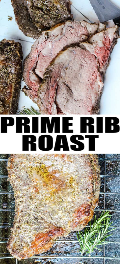 Prime Rib Roast after cooking and sliced with writing