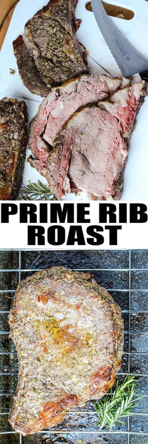 Prime Rib Roast finished cooking and sliced with a title