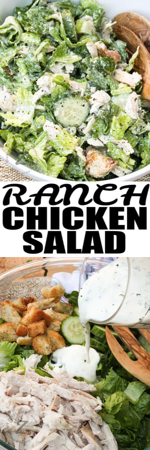 pouring ranch on salad to make Ranch Chicken Salad and final dish with a title